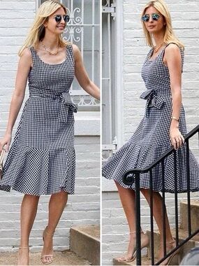 J. Crew Black & White Gingham Tie-Waist Midi Dress
